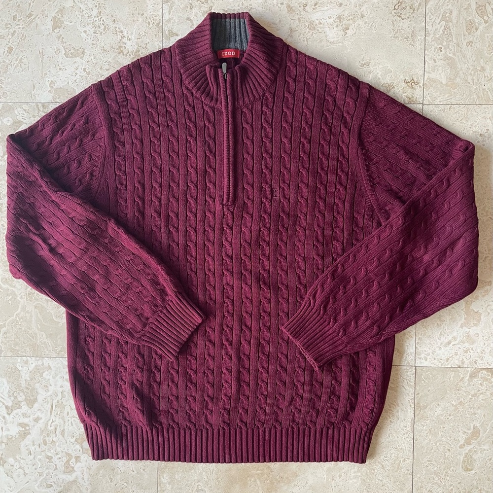 IZOD Men's 1/4 Zip Solid Cable Knit Sweater In Burgundy Size Large - Picture 5 of 12